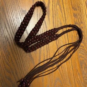 VTG J Crew Woven Brown Burgundy Red Beads Leather Suede Fringe Belt 90s EUC!!!